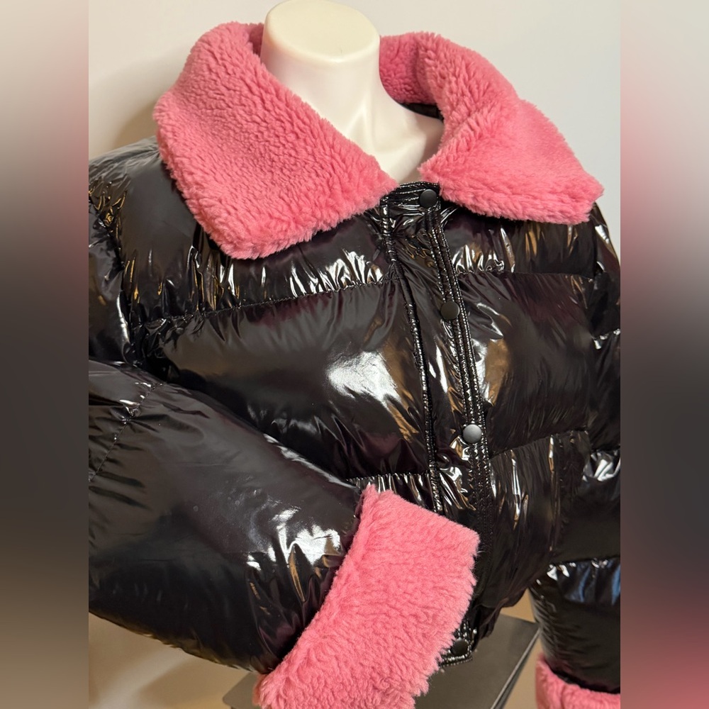 Glossy Black Puffer Jacket with Pink Accents - Picture 3 of 4